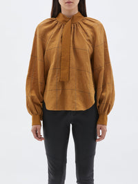 check gathered neck top