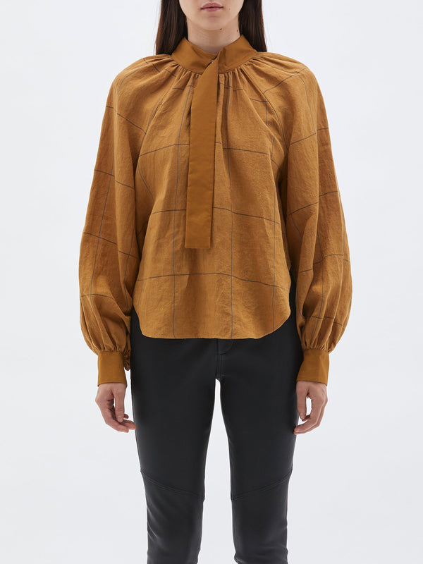 bassike check gathered neck top in camel / navy