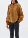 bassike check gathered neck top in camel / navy