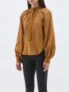 bassike check gathered neck top in camel / navy