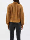 bassike check gathered neck top in camel / navy