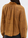 bassike check gathered neck top in camel / navy