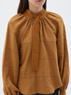 bassike check gathered neck top in camel / navy