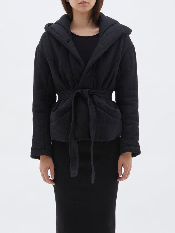 bassike wadded hooded wrap jacket in black