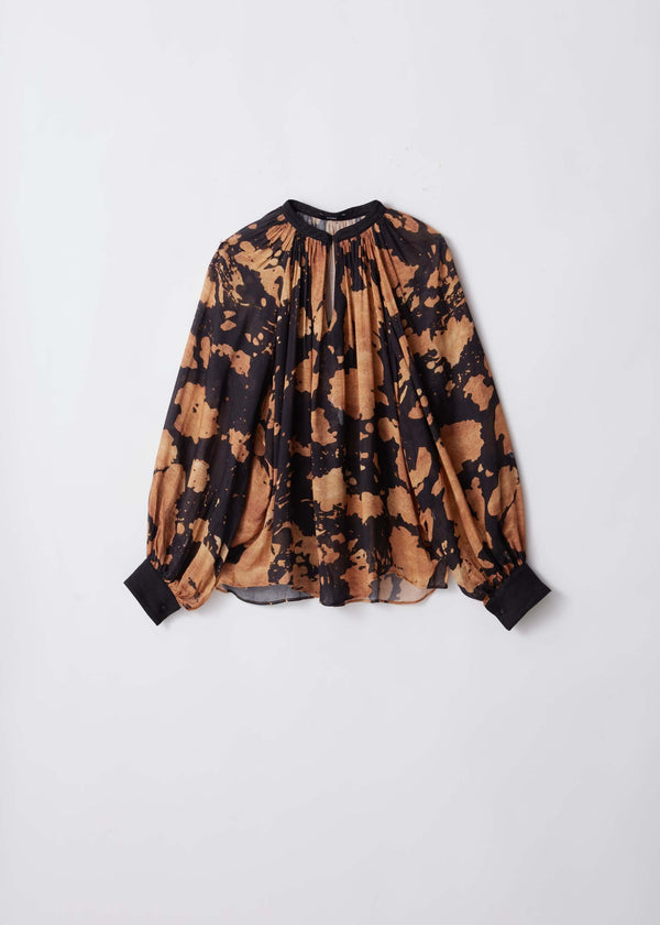 printed wool gauze gathd shirt