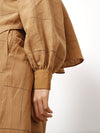 bassike check gathered neck top in camel / navy