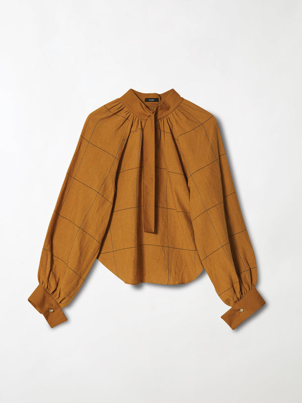 bassike check gathered neck top in camel / navy